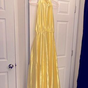 Beautiful new never worn yellow satin backless halter dress.